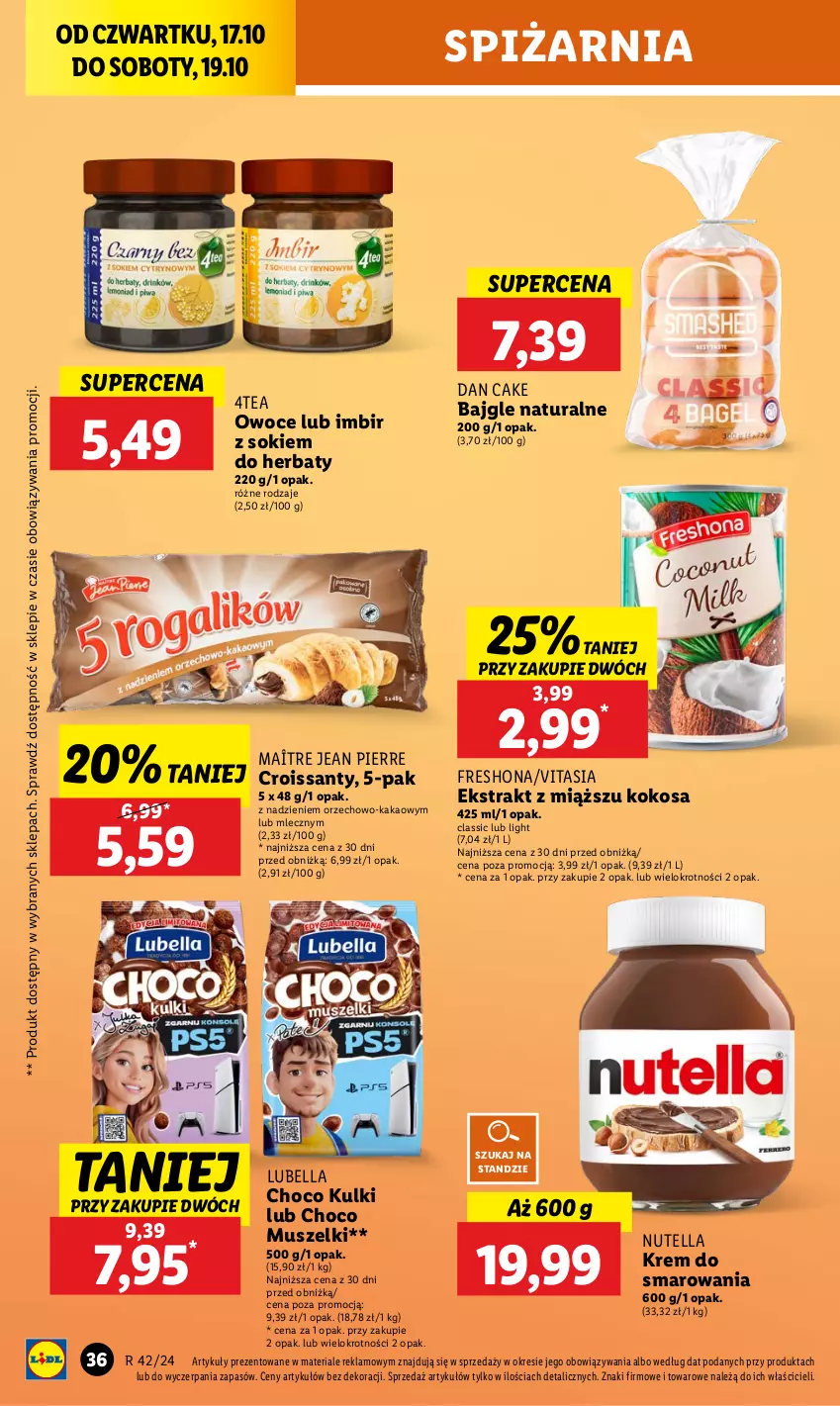 Gazetka promocyjna Lidl - GAZETKA - ważna 17.10 do 19.10.2024 - strona 46 - produkty: Bajgle, Bell, Bella, Croissant, Dan Cake, Imbir, Kakao, Kokos, Lubella, Mus, Nutella, Owoce, Sok