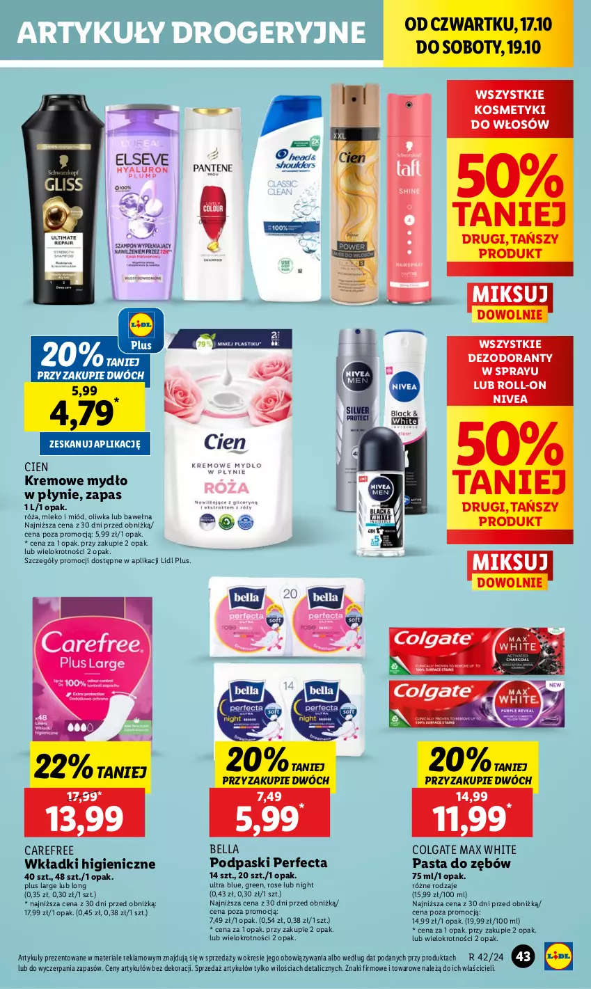 Gazetka promocyjna Lidl - GAZETKA - ważna 17.10 do 19.10.2024 - strona 51 - produkty: Bell, Bella, Carefree, Colgate, Dezodorant, LG, Miód, Mleko, Mydło, Mydło w płynie, Nivea, Pasta do zębów, Perfecta, Podpaski, Róża, Wełna, Wkładki