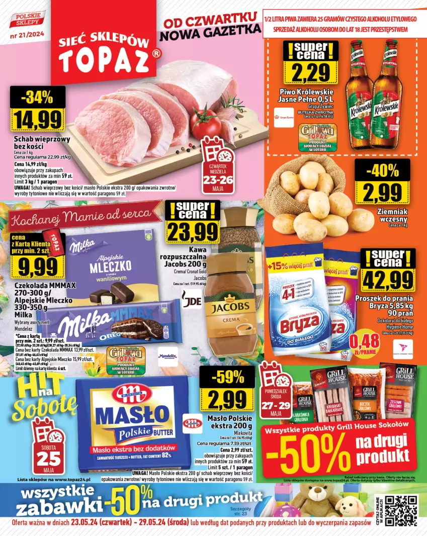 Gazetka promocyjna Topaz - Gazetka - ważna 23.05 do 29.05.2024 - strona 1 - produkty: Bryza, Czekolada, Fa, Gaga, Grill, Jacobs, Masło, Milka, Mleczko, Schab wieprzowy, Sofa, Waga