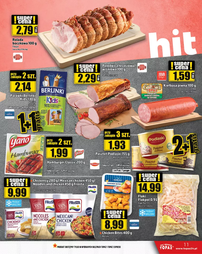 Gazetka promocyjna Topaz - Gazetka - ważna 23.05 do 29.05.2024 - strona 11 - produkty: Flaki, Frosta, Gaga, Gin, Kiełbasa, Kiełbasa piwna, Kurczak, Pasztet, Pekpol, Podlaski, Ryż, Top