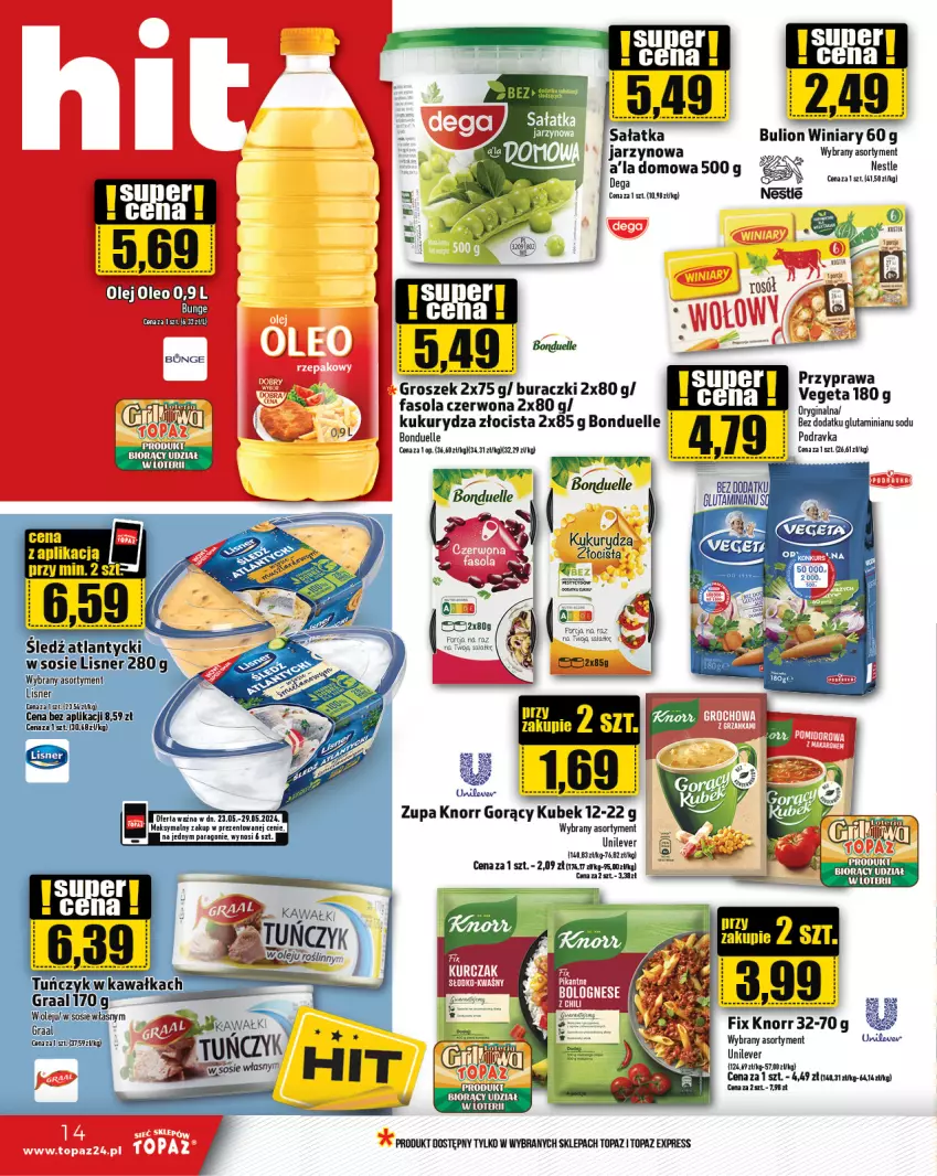 Gazetka promocyjna Topaz - Gazetka - ważna 23.05 do 29.05.2024 - strona 14 - produkty: Bonduelle, Bulion, Fa, Fasola, Gin, Groszek, Knorr, Kubek, Kukurydza, Lion, Lisner, Podravka, Por, Sałat, Sałatka, Sos, Top, Winiary, Zupa