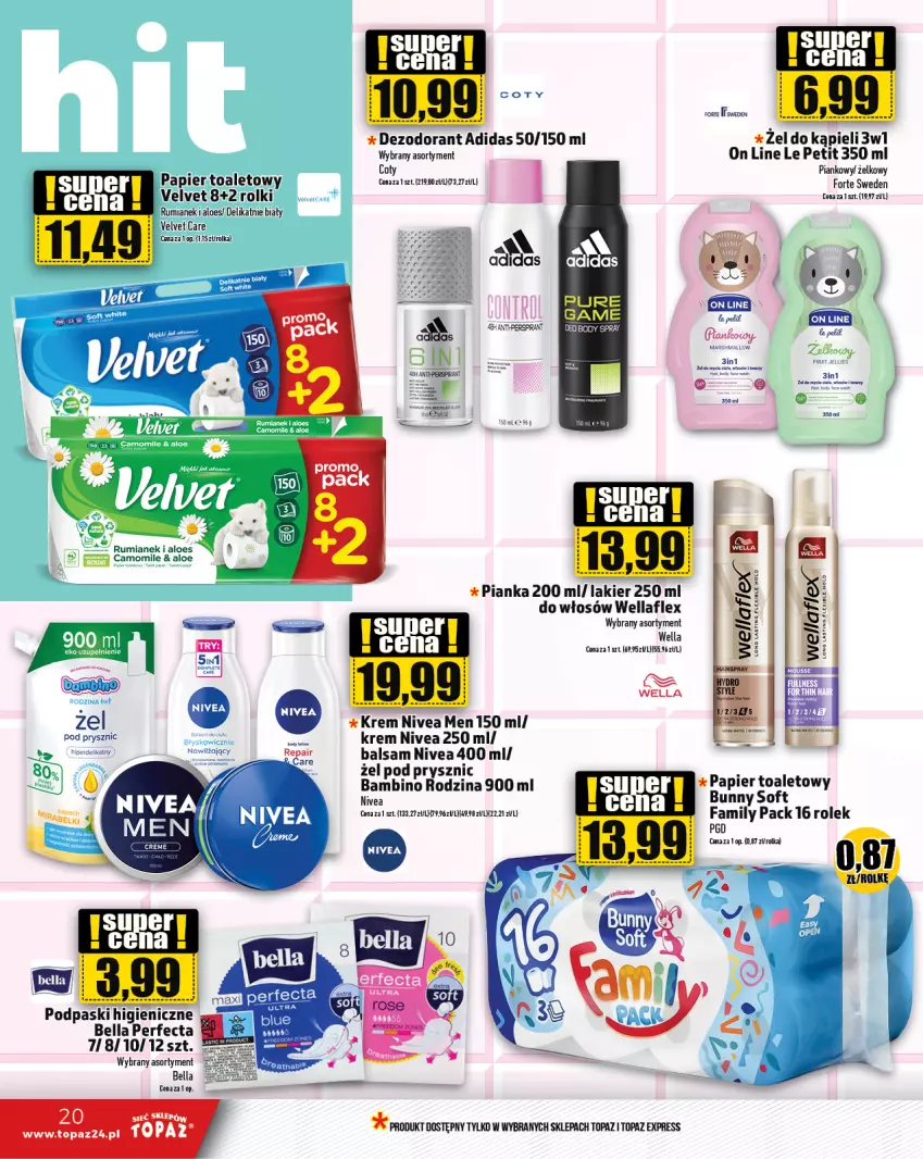 Gazetka promocyjna Topaz - Gazetka - ważna 23.05 do 29.05.2024 - strona 20 - produkty: Adidas, Bell, Bella, Body, Dezodorant, Fa, Lakier, Nivea, Nivea Men, Papier, Papier toaletowy, Perfecta, Podpaski, Rolki, Rum, Top, Velvet, Wella, Wellaflex