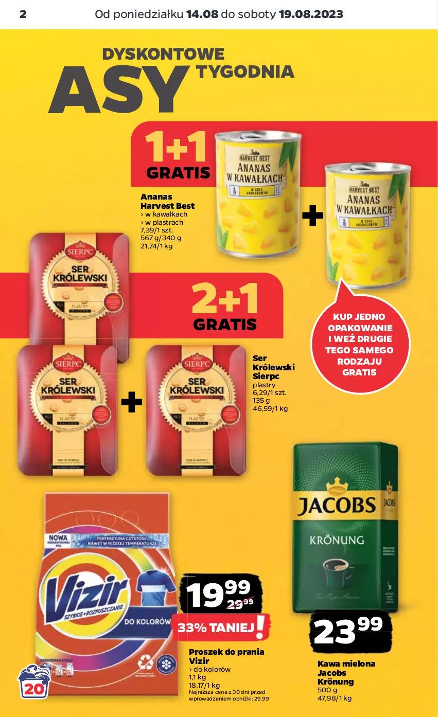 Gazetka promocyjna Netto - Artykuły spożywcze - ważna 14.08 do 19.08.2023 - strona 2 - produkty: Ananas, Gra, Jacobs, Jacobs Krönung, Kawa, Kawa mielona, Królewski, Proszek do prania, Ser, Vizir