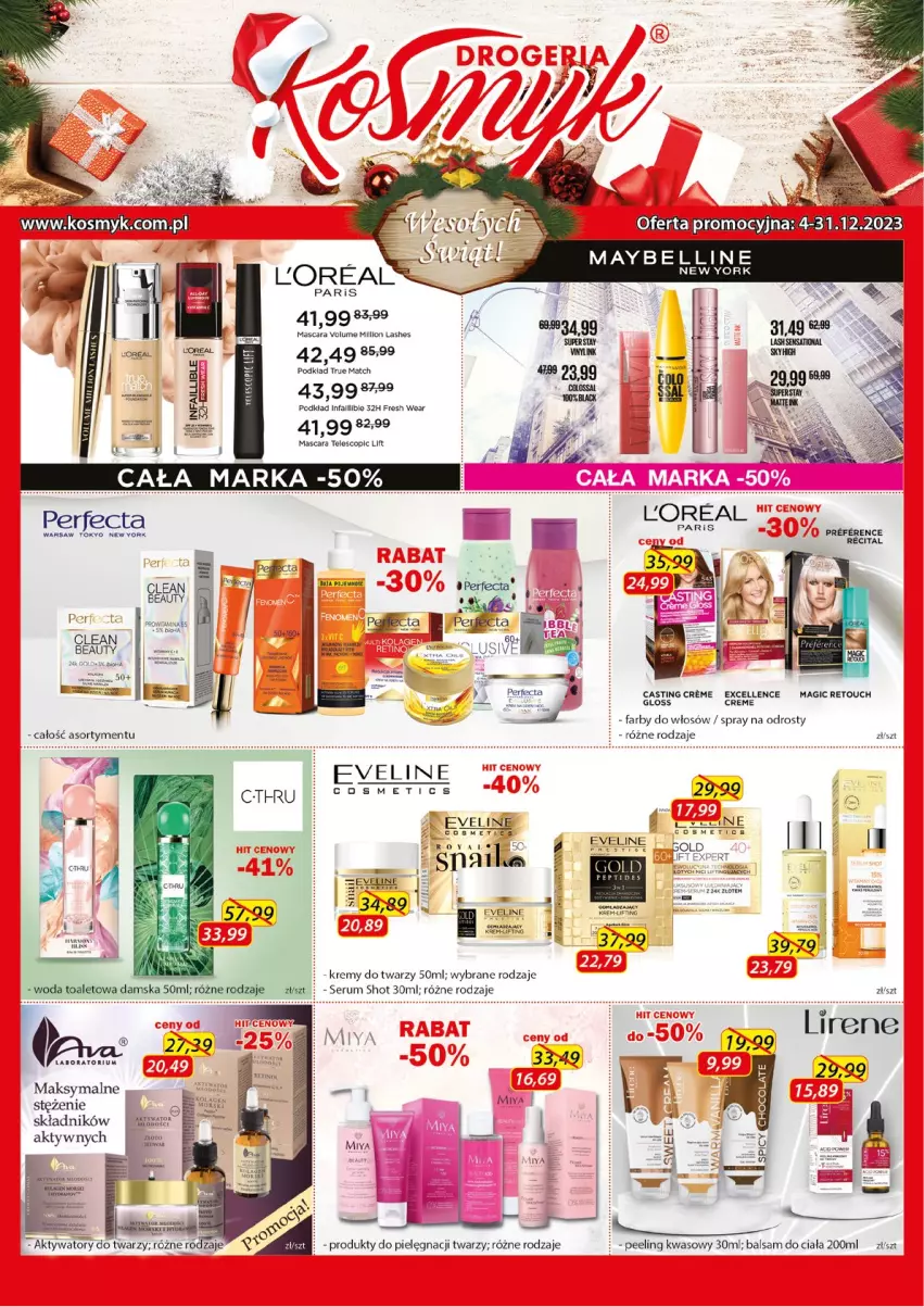 Gazetka promocyjna Kosmyk - Gazetka - ważna 01.12 do 31.12.2023 - strona 1 - produkty: Balsam do ciała, Bell, Eveline, Fa, Kask, Lion, Maybelline, Peeling, Perfecta, Podkład, Rum, Ser, Serum, Woda, Woda toaletowa