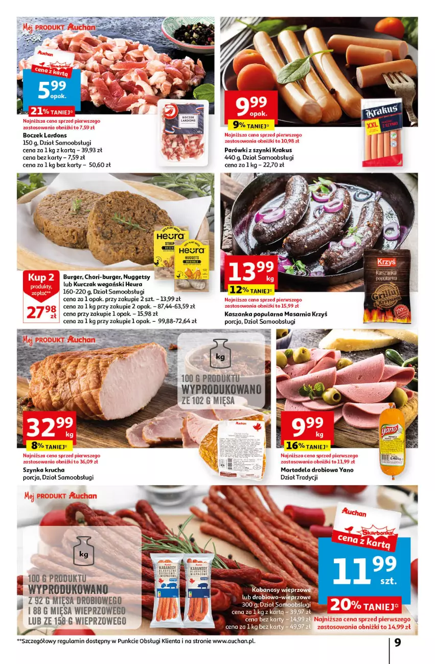 Gazetka promocyjna Auchan - Gazetka Korzyści na lato Hipermarket Auchan - ważna 29.06 do 05.07.2023 - strona 9 - produkty: Boczek, Burger, Kasza, Kaszanka, Krakus, Kurczak, Parówki, Parówki z szynki, Por, Szynka