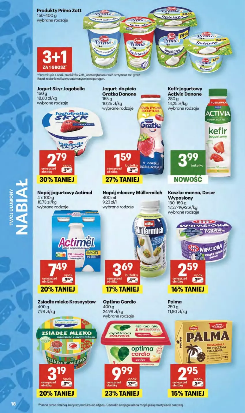 Gazetka promocyjna Delikatesy Centrum - Franczyza DC20 Czwartek - ważna 14.05 do 20.05.2026 - strona 18 - produkty: Actimel, Activia, Bell, Bella, Danone, Deser, Gra, Jogobella, Jogurt, Kefir, Mleko, Napój, Napój jogurtowy, Napój mleczny, Optima, Optima Cardio, Palma, Ser, Zott