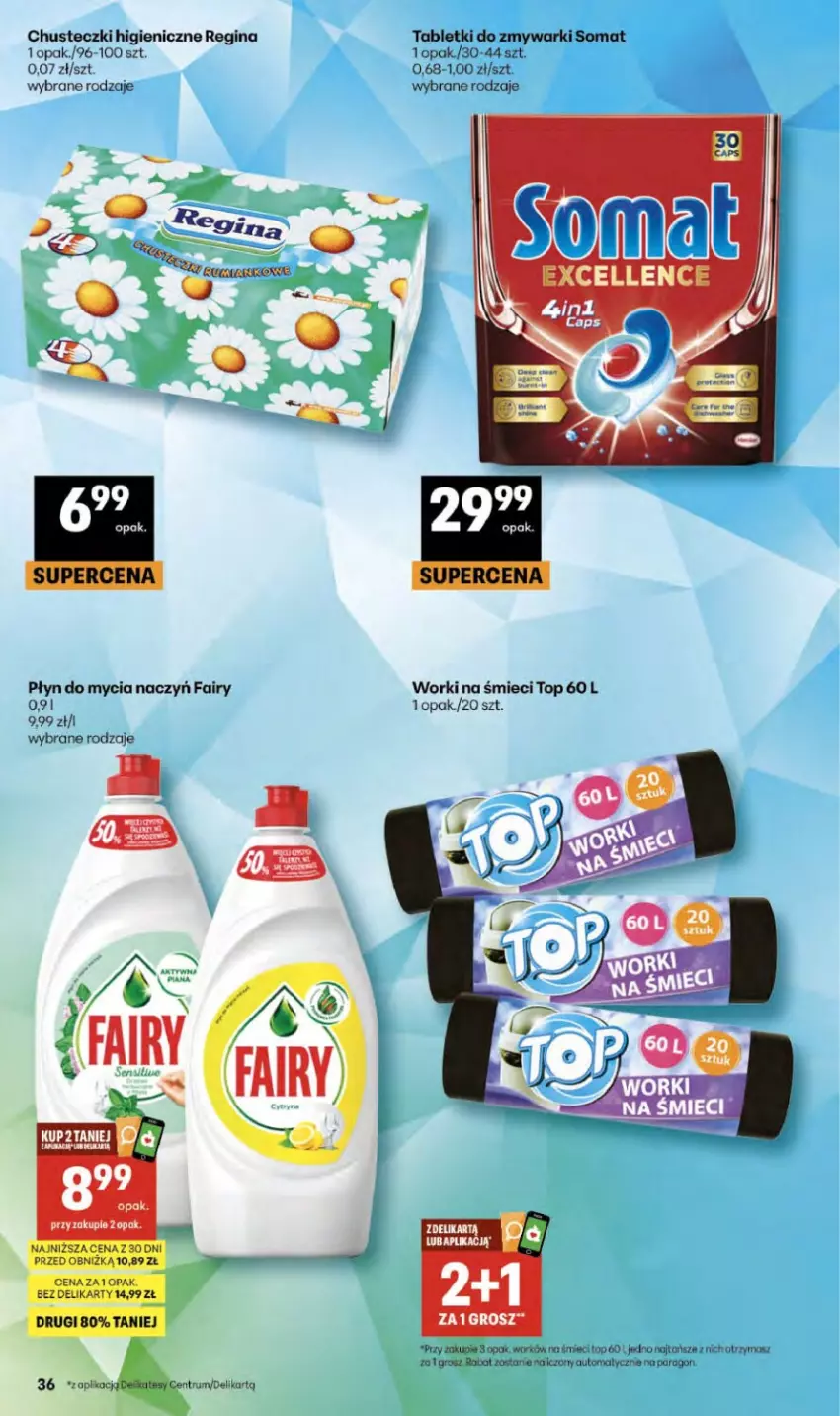 Gazetka promocyjna Delikatesy Centrum - Franczyza DC20 Czwartek - ważna 14.05 do 20.05.2026 - strona 36 - produkty: Chusteczki, Do mycia naczyń, Fa, Fairy, Gin, Płyn do mycia, Płyn do mycia naczyń, Somat, Tablet, Tabletki do zmywarki, Top, Worki na śmiec, Worki na śmieci, Zmywarki
