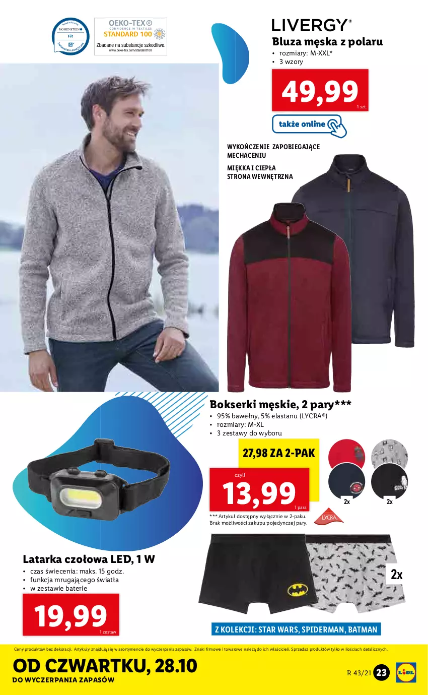 Gazetka promocyjna Lidl - GAZETKA - ważna 25.10 do 31.10.2021 - strona 23 - produkty: Bluza, Bokserki, Latarka, Latarka czołowa, Ser, Spiderman, Star Wars, Tarka