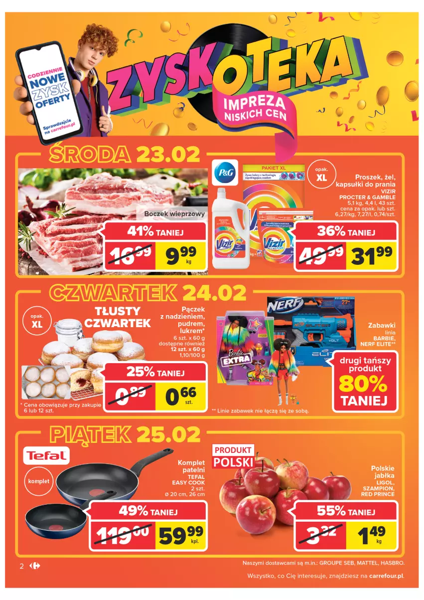 Gazetka promocyjna Carrefour - Gazetka Carrefour - ważna 08.02 do 28.02.2022 - strona 2 - produkty: Barbie, Fa, Hasbro, Kapsułki do prania, Ligol, Mattel, Pączek, Szampion, Tefal, Vizir