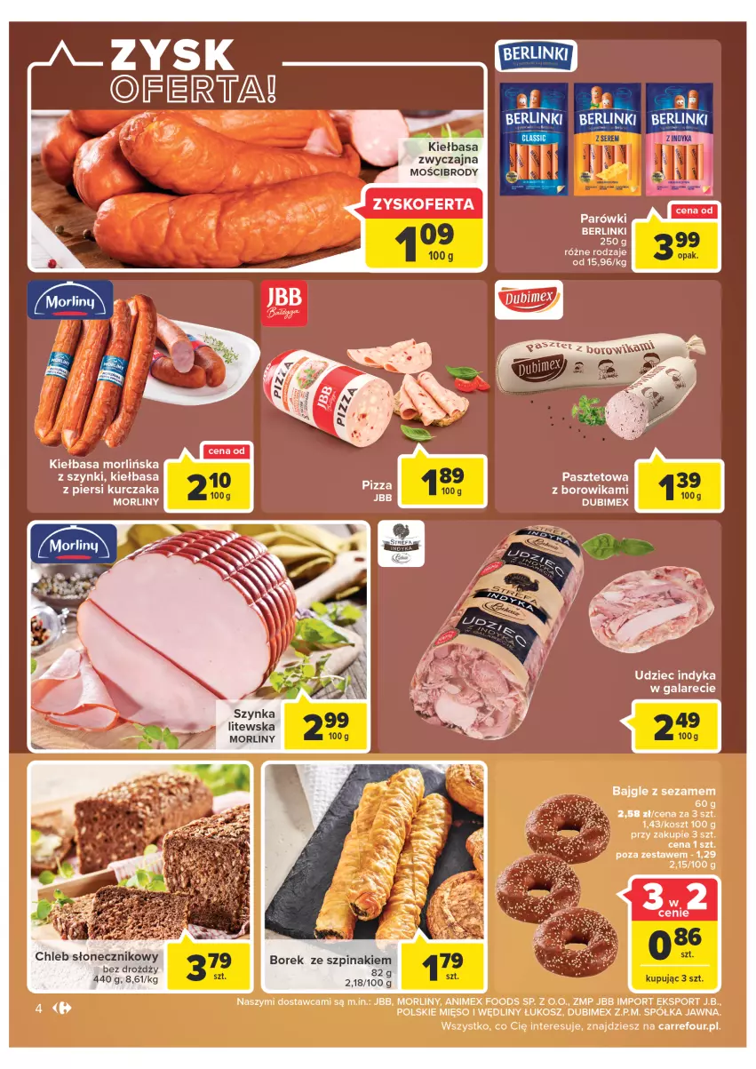 Gazetka promocyjna Carrefour - Gazetka Carrefour - ważna 08.02 do 28.02.2022 - strona 4 - produkty: Bajgle, Chleb, Gala, Kiełbasa, Kosz, Mięso, Morliny, Parówki, Pasztet, Półka, Por, Sezam, Sport, Szpinak, Szynka