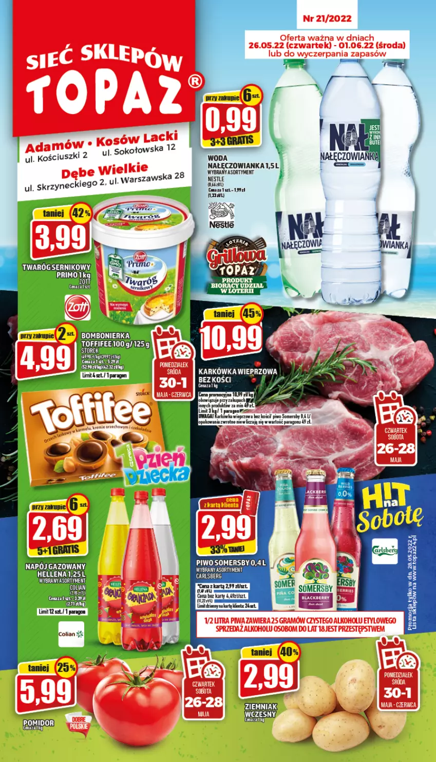 Gazetka promocyjna Topaz - Gazetka - ważna 26.05 do 01.06.2022 - strona 1 - produkty: Gra, Nałęczowianka, Piwo, Sok, Somersby, Waga, Woda