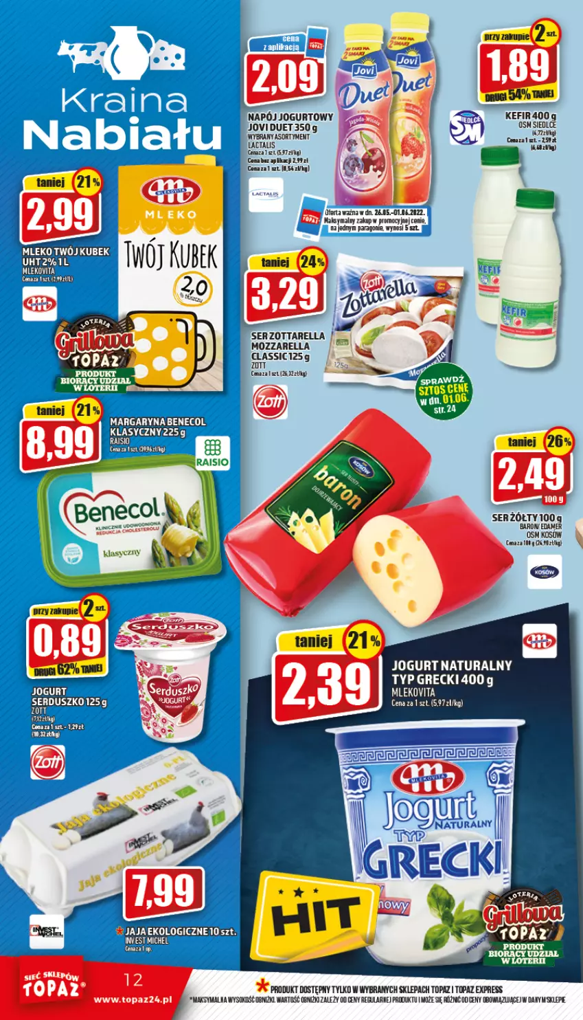 Gazetka promocyjna Topaz - Gazetka - ważna 26.05 do 01.06.2022 - strona 12 - produkty: Jaja, Jogurt, Kefir, Mleko, Mlekovita, Mozzarella, Napój, Napój jogurtowy, Ser, Sok, Top, Zott, Zottarella