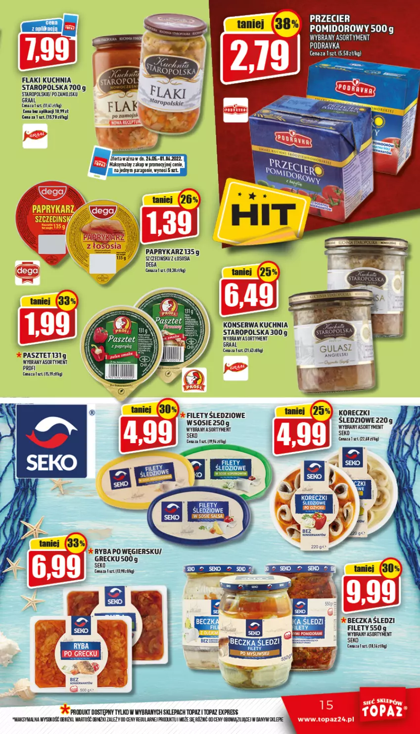 Gazetka promocyjna Topaz - Gazetka - ważna 26.05 do 01.06.2022 - strona 15 - produkty: Dega, Flaki, Kuchnia, Lovi, Papryka, Paprykarz, Pasztet, Ryba, SEKO, Ser, Sok, Sos, Top, Tran