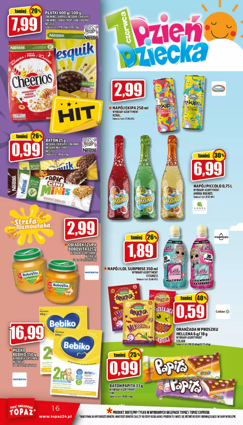 Gazetka promocyjna Topaz - Gazetka - ważna 26.05 do 01.06.2022 - strona 16 - produkty: Baton, Hellena, Napój, Nesquik, Sok, Top