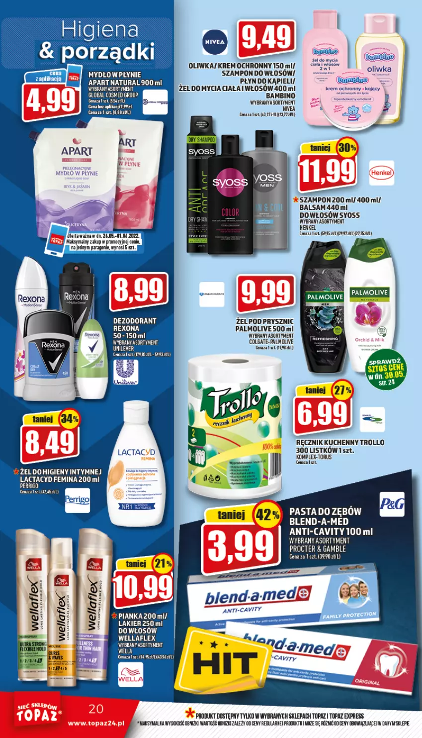 Gazetka promocyjna Topaz - Gazetka - ważna 26.05 do 01.06.2022 - strona 20 - produkty: Colgate, Lactacyd, LG, Mus, Nivea, Palmolive, Płyn do kąpieli, Ręcznik, Ręcznik kuchenny, Sok, Syoss, Szampon, Top