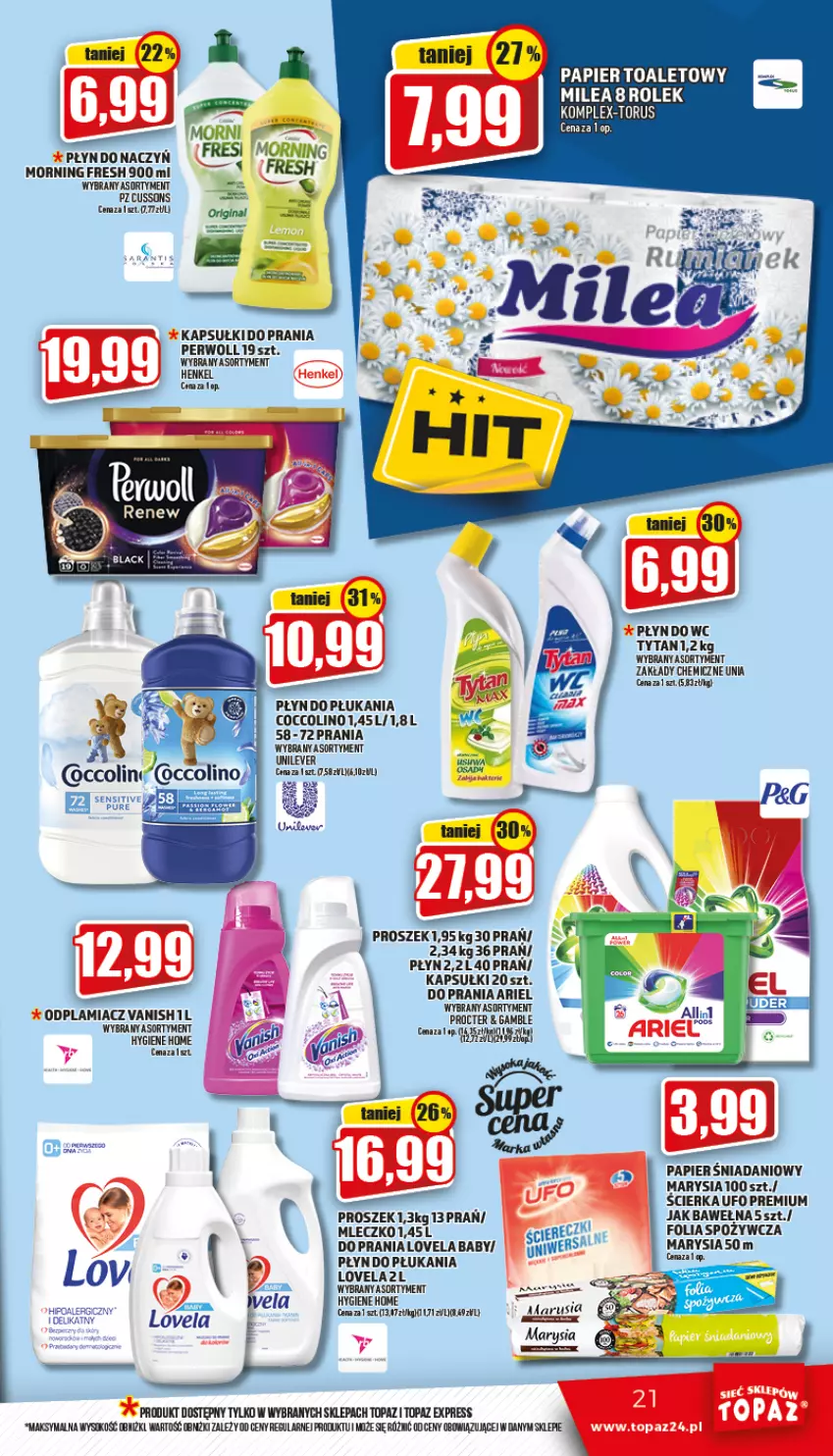 Gazetka promocyjna Topaz - Gazetka - ważna 26.05 do 01.06.2022 - strona 21 - produkty: Ariel, Coccolino, Danio, Lovela, Mleczko, Papier, Papier toaletowy, Perwoll, Płyn do płukania, Sok, Top, Tytan, Wełna