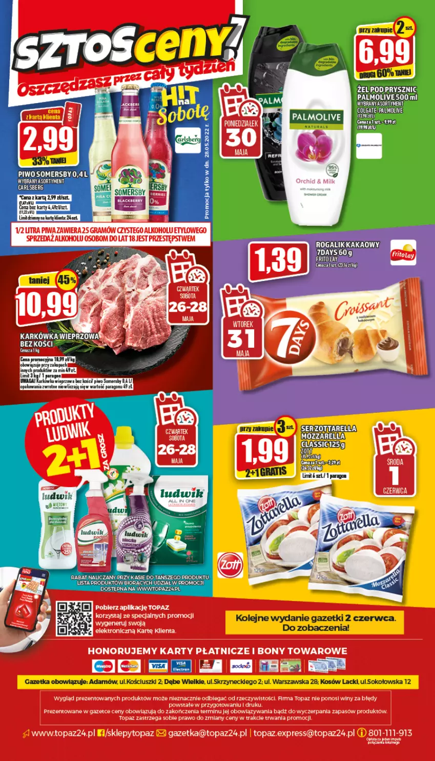 Gazetka promocyjna Topaz - Gazetka - ważna 26.05 do 01.06.2022 - strona 24 - produkty: Carlsberg, Kakao, Lack, LG, Ludwik, Mars, Olej, Palmolive, Piwo, Rogal, Ser, Sok, Somersby, Top, Zott