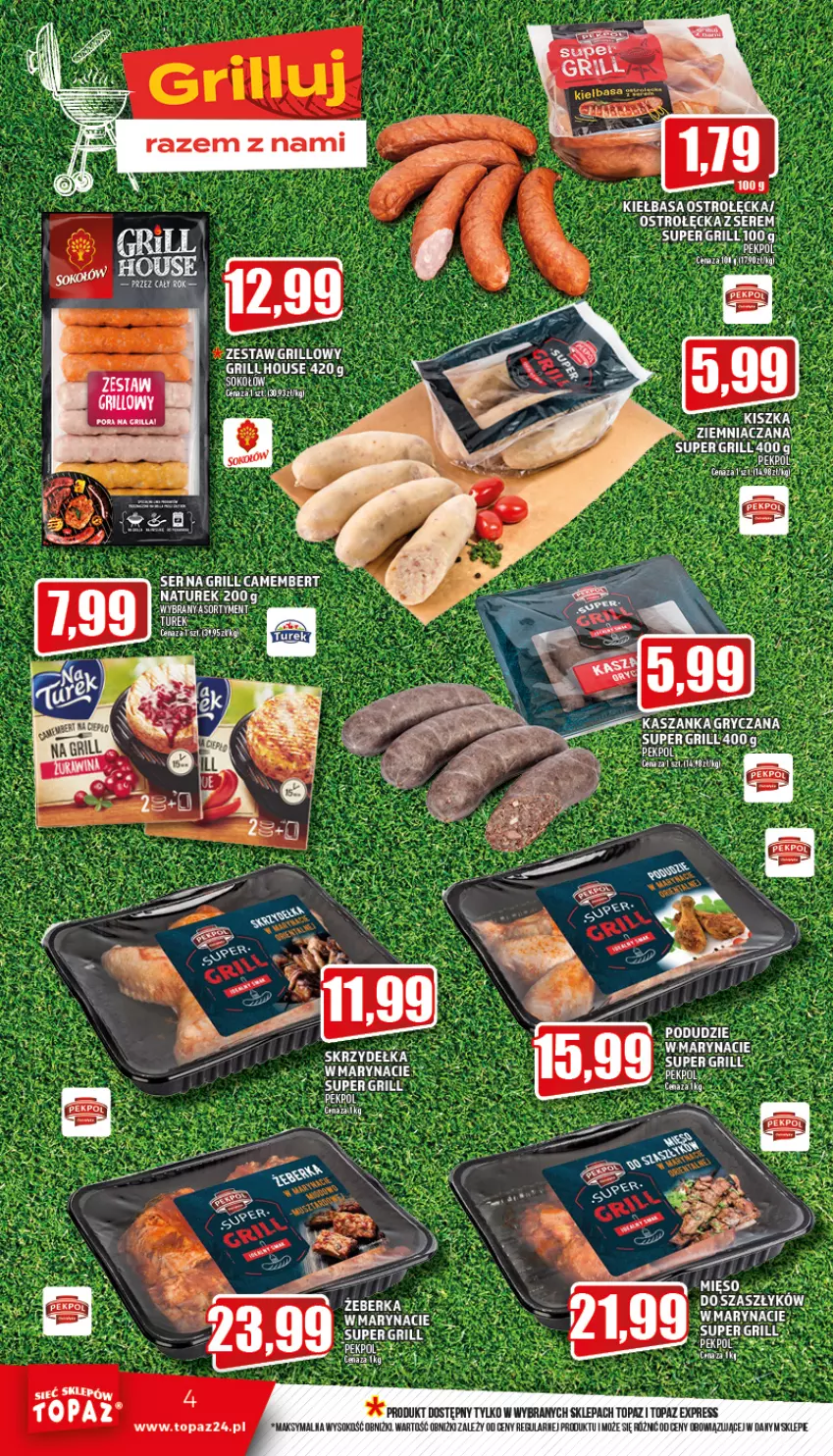 Gazetka promocyjna Topaz - Gazetka - ważna 26.05 do 01.06.2022 - strona 4 - produkty: Camembert, Fa, Grill, Gry, Kasza, Kaszanka, Mięso, NaTurek, Pekpol, Ser, Sok, Top, Wagi