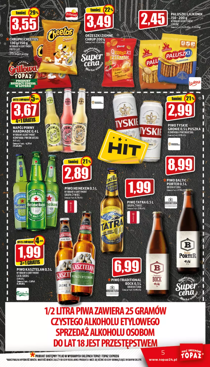 Gazetka promocyjna Topaz - Gazetka - ważna 26.05 do 01.06.2022 - strona 5 - produkty: Cheetos, Chrupki, Fa, Gra, Heineken, Kasztelan, Napój, Orzeszki, Piwa, Piwo, Por, Sok, Taca, Tatra, Top, Tyskie