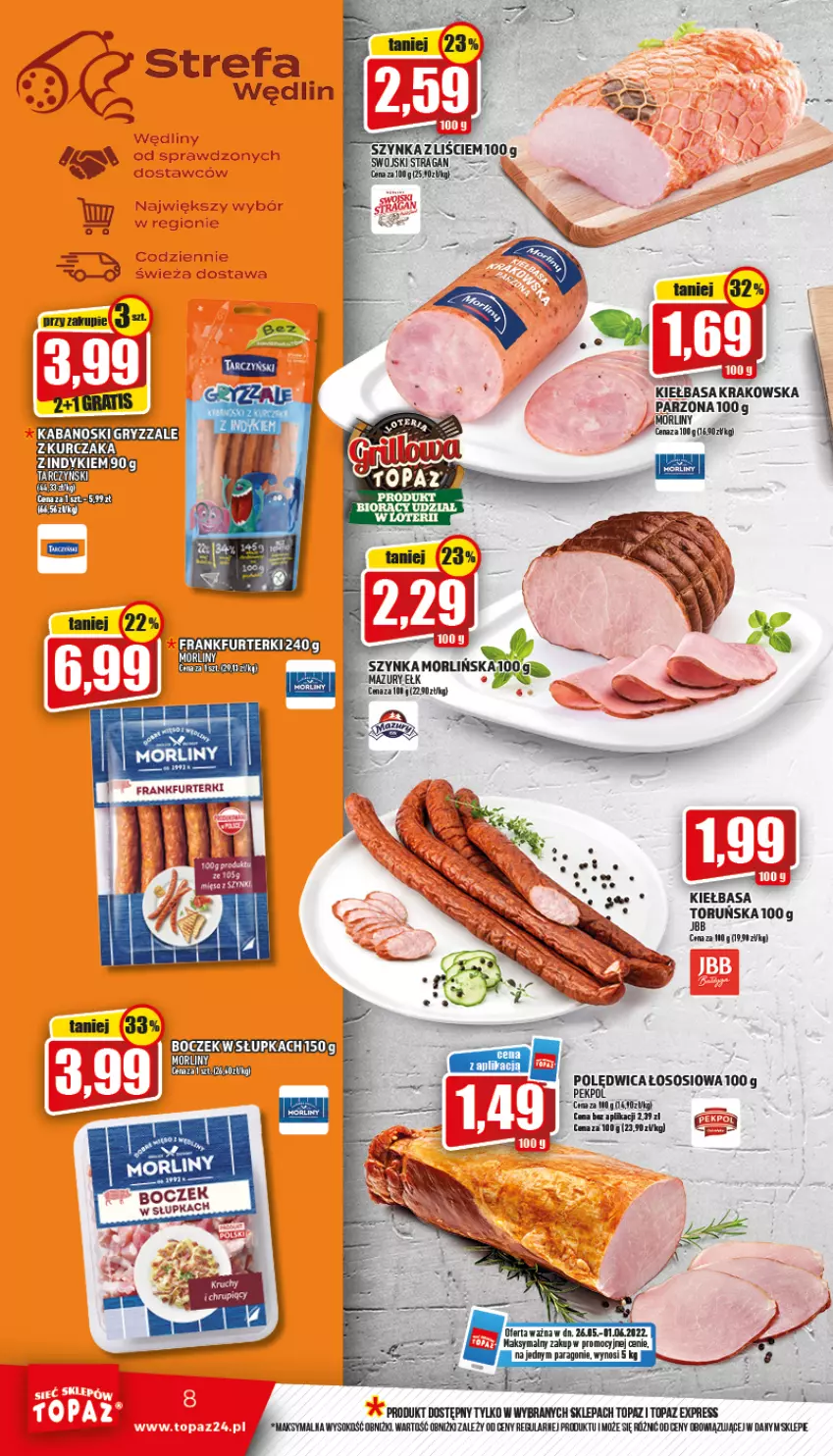 Gazetka promocyjna Topaz - Gazetka - ważna 26.05 do 01.06.2022 - strona 8 - produkty: Boczek, Frankfurterki, Kiełbasa, Kiełbasa krakowska, Polędwica, Sos, Szynka, Top