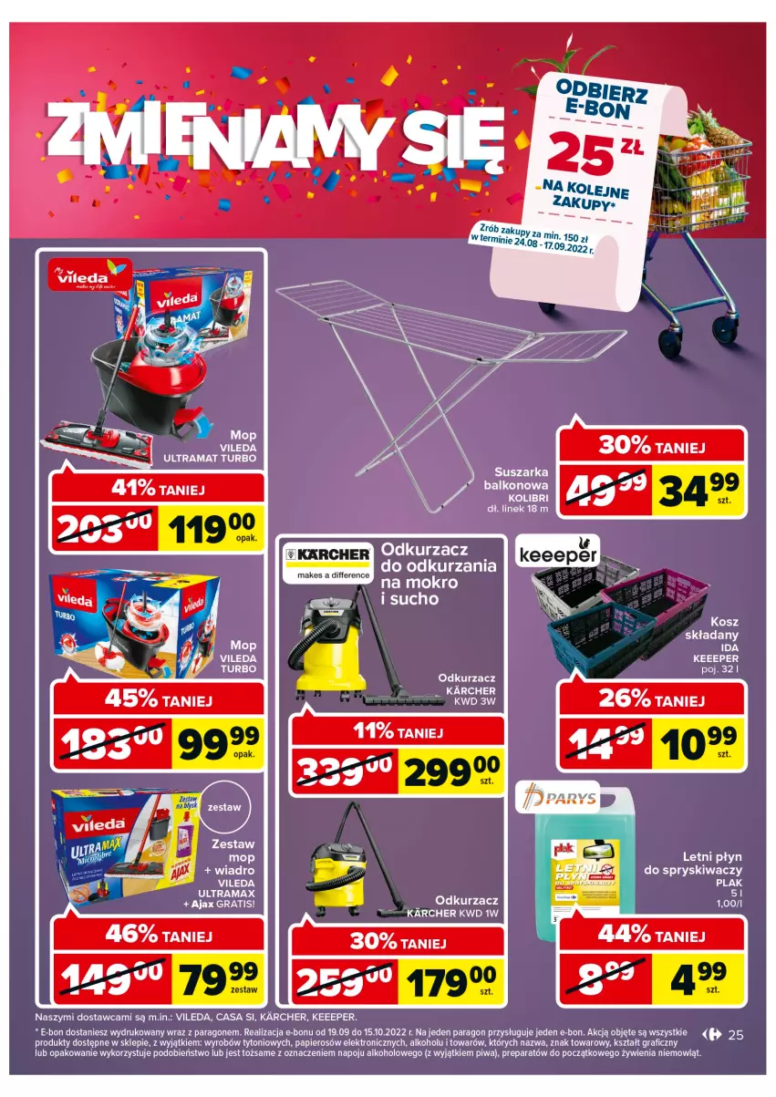 Gazetka promocyjna Carrefour - Gazetka Zmieniamy się Carrefour Kalisz - ważna 24.08 do 29.08.2022 - strona 25 - produkty: Ajax, Gra, Kosz, Mop, Odkurzacz, Papier, Piwa, Rama, Suszarka, Vileda