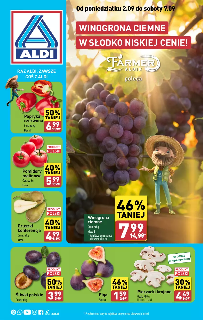 Gazetka promocyjna Aldi - Farmer ALDIK poleca świeże owoce i warzywa - ważna 02.09 do 07.09.2024 - strona 1 - produkty: Gruszki, Papryka, Piec, Pieczarki krojone, Pomidory, Wino, Winogrona