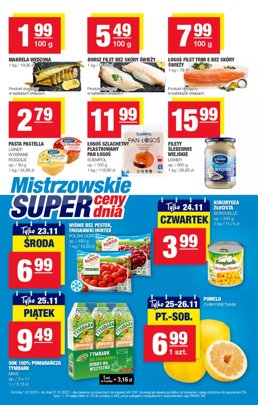 Gazetka promocyjna Spar - EuroSpar - ważna 13.11 do 23.11.2022 - strona 11 - produkty: Bonduelle, Dorsz, Hortex, Kukurydza, Lisner, Ogród, Pastella, Pomelo, Sok, Stek, Suempol, Truskawki, Tymbark, Wisnie