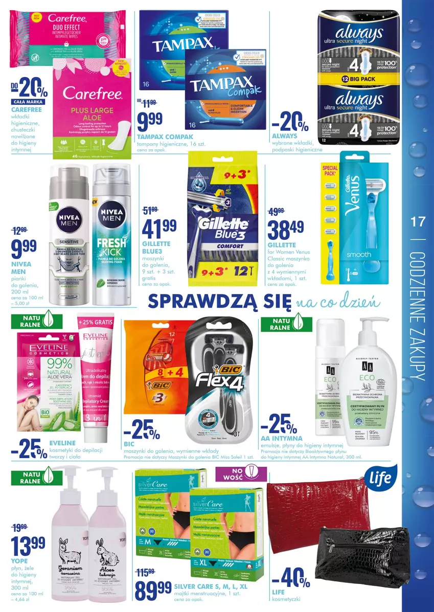 Gazetka promocyjna Super Pharm - Gazetka - ważna 21.03 do 06.04.2022 - strona 17 - produkty: Always, BIC, Carefree, Chusteczki, Eveline, Fa, Gillette, Gra, Majtki, Maszynka, Maszynka do golenia, Nivea, Nivea Men, Pax, Pianka do golenia, Płyn do higieny intymnej, Podpaski, Szynka, Tampax, Tampony, Venus, Wkładki, Yope