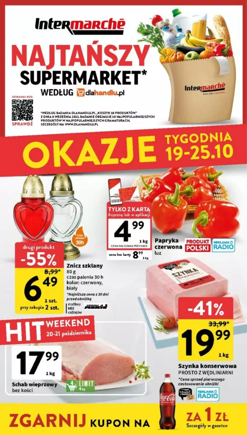 Gazetka promocyjna Intermarche - ważna 19.10 do 25.10.2023 - strona 1 - produkty: Gra, Kosz, Papryka, Rama, Schab wieprzowy, Ser, Szynka, Szynka konserwowa, Znicz