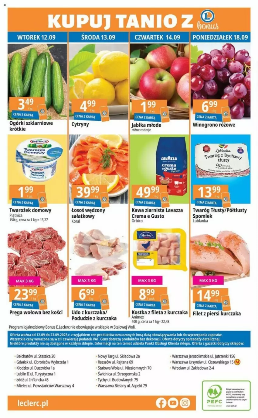 Gazetka promocyjna E Leclerc - ważna 12.09 do 23.09.2023 - strona 17 - produkty: BIC, Gra, Jabłka, Kawa, Kawa ziarnista, Kurczak, Lavazza, Piątnica, Podudzie z kurczaka, Pręga wołowa, Sałat, Twaróg, Twaróg tłusty, Udo z kurczaka