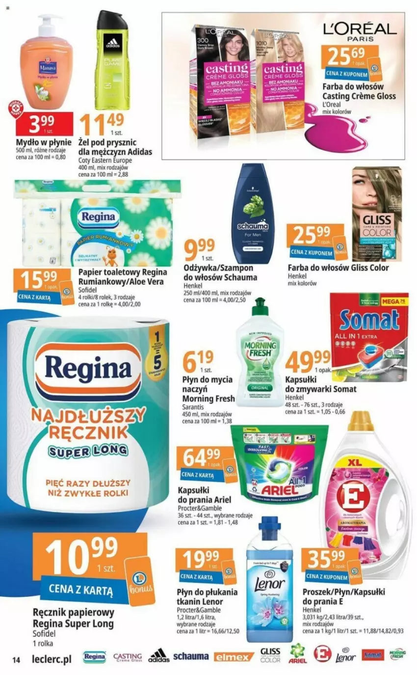 Gazetka promocyjna E Leclerc - ważna 12.09 do 23.09.2023 - strona 6 - produkty: Adidas, Aloe vera, Ariel, Fa, Farba do włosów, Gin, Kapsułki do prania, Lenor, Odżywka, Papier, Papier toaletowy, Płyn do płukania, Ręcznik, Rum, Schauma, Somat, Szampon, Zmywarki