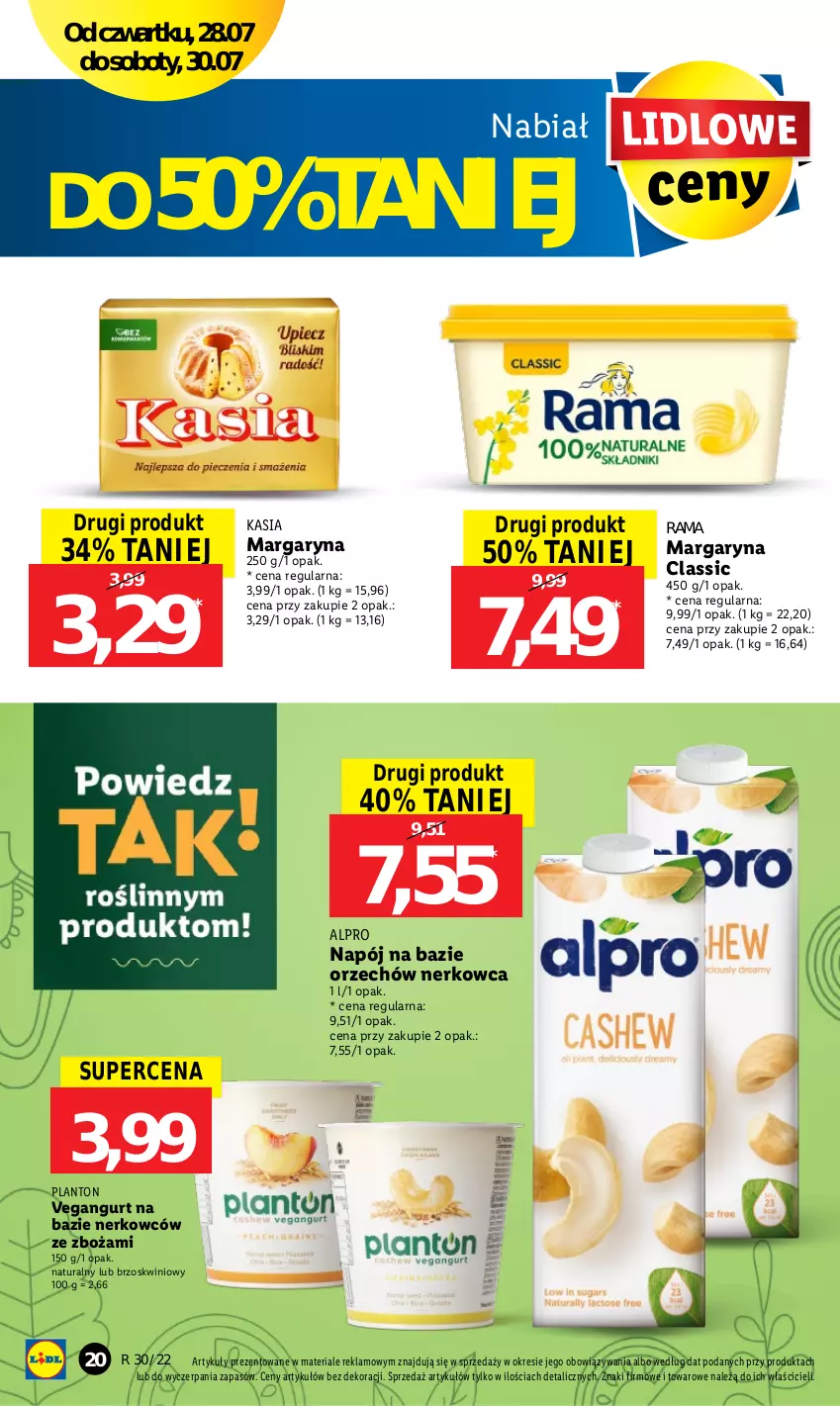 Gazetka promocyjna Lidl - GAZETKA - ważna 28.07 do 30.07.2022 - strona 20 - produkty: Alpro, Kasia, Margaryna, Napój, Rama, Vegangurt