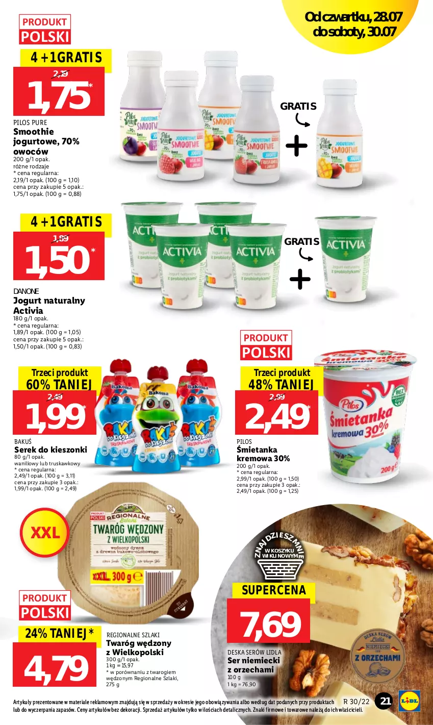 Gazetka promocyjna Lidl - GAZETKA - ważna 28.07 do 30.07.2022 - strona 21 - produkty: Activia, Danone, Deska serów, Gra, Jogurt, Jogurt naturalny, Kosz, Pilos, Por, Pur, Ser, Serek, Smoothie, Twaróg