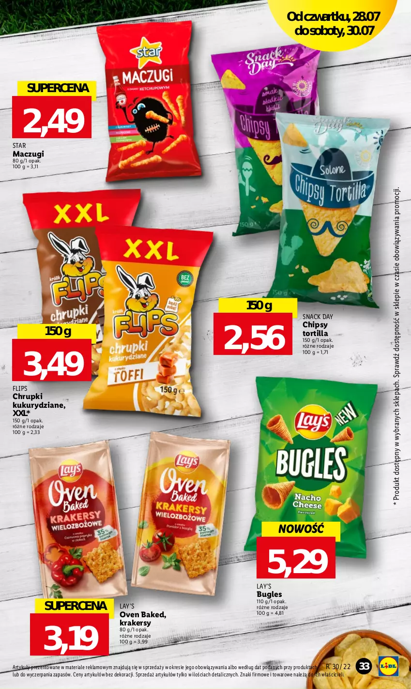 Gazetka promocyjna Lidl - GAZETKA - ważna 28.07 do 30.07.2022 - strona 33 - produkty: Chipsy, Chrupki, Krakersy, Lay’s, Tortilla