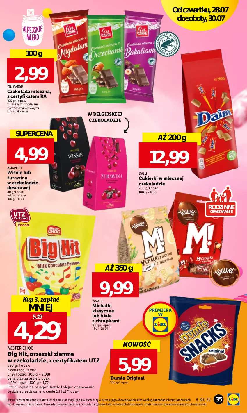 Gazetka promocyjna Lidl - GAZETKA - ważna 28.07 do 30.07.2022 - strona 35 - produkty: Cukier, Cukierki, Czekolada, Czekolada mleczna, Deser, Gin, LG, Michałki, Olej, Orzeszki, Orzeszki ziemne, Ser, Wawel