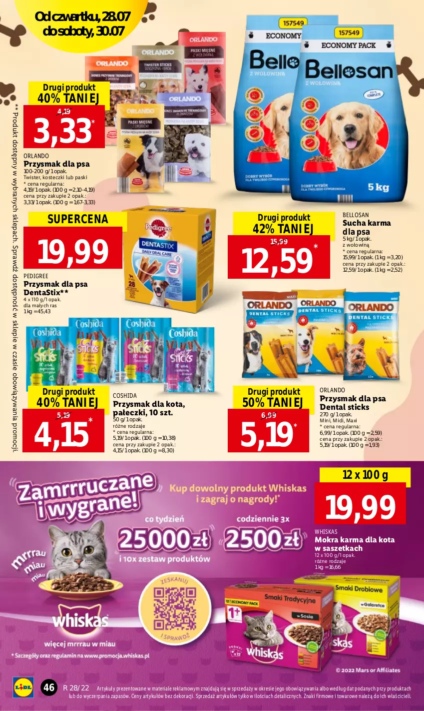 Gazetka promocyjna Lidl - GAZETKA - ważna 28.07 do 30.07.2022 - strona 46 - produkty: Bell, Mokra karma, Pedigree, Przysmak dla kota, Przysmak dla psa, Sucha karma, Whiskas