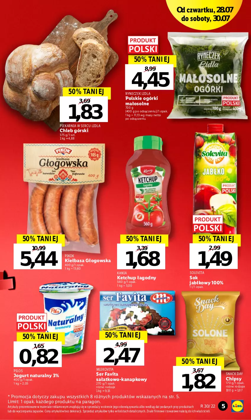 Gazetka promocyjna Lidl - GAZETKA - ważna 28.07 do 30.07.2022 - strona 5 - produkty: Chipsy, Chleb, Fa, Favita, Jogurt, Jogurt naturalny, Ketchup, Kiełbasa, Kiełbasa głogowska, Mleko, Mlekovita, PIKOK, Pilos, Sałat, Ser, Sok, Sok jabłkowy