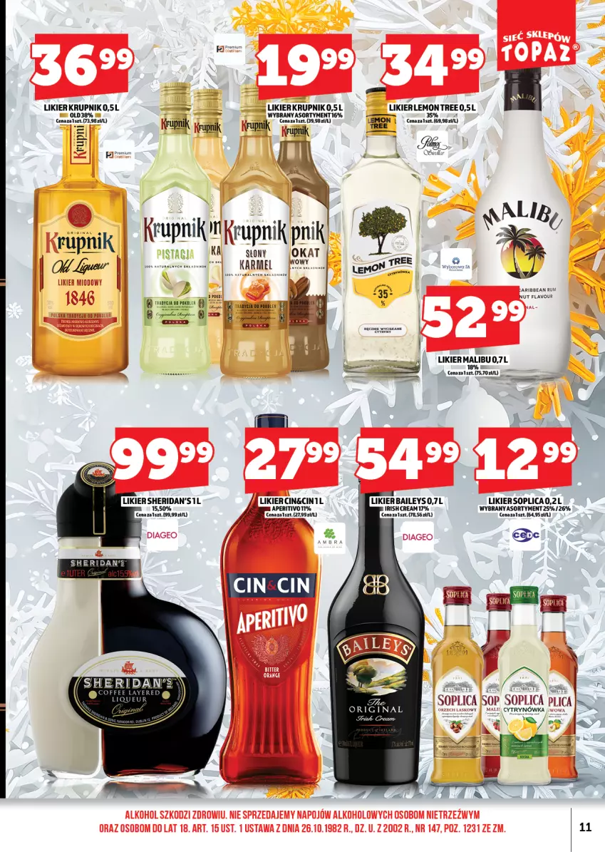 Gazetka promocyjna Topaz - Gazetka - ważna 01.12 do 13.12.2025 - strona 11 - produkty: Gin, Krupnik, Likier, Malibu, Sheridan's, Soplica