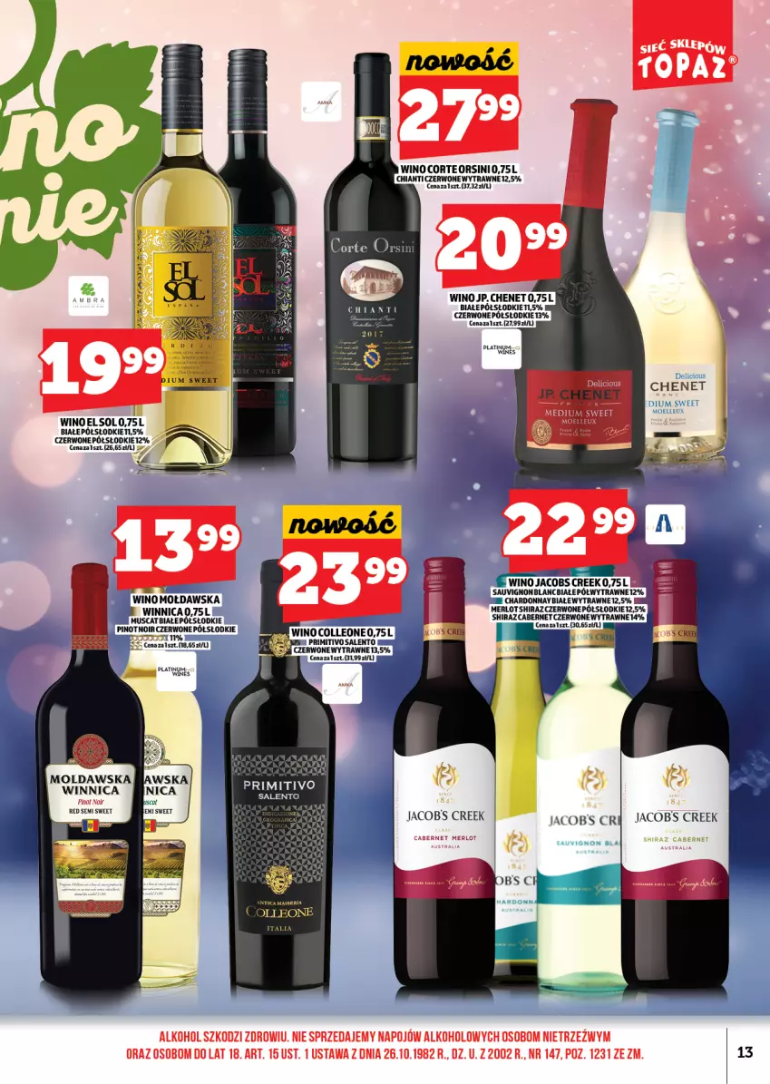 Gazetka promocyjna Topaz - Gazetka - ważna 01.12 do 13.12.2025 - strona 13 - produkty: Chardonnay, Chia, Chianti, Jacobs, Leon, Merlot, Mus, Shiraz, Wino