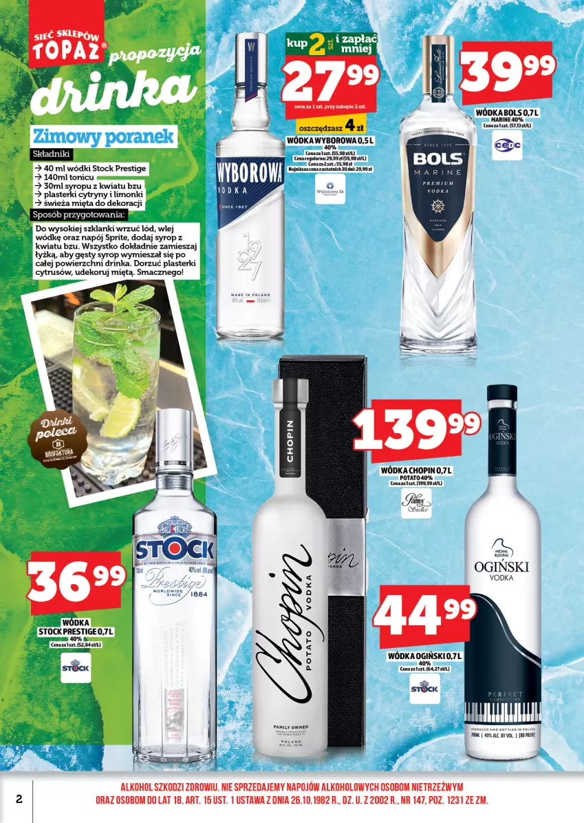 Gazetka promocyjna Topaz - Gazetka - ważna 01.12 do 13.12.2025 - strona 2 - produkty: Bols, Cytryny, Fa, Inka, Lanki, Mięta, Napój, Ogiński, Plasterki, Sok, Sprite, Stock, Syrop, Wódka, Wyborowa