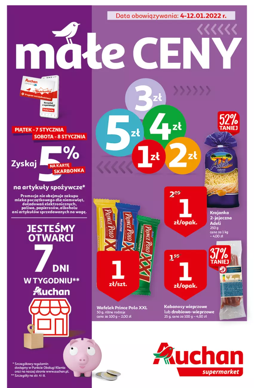 Gazetka promocyjna Auchan - Małe Ceny Supermarkety - ważna 04.01 do 12.01.2022 - strona 1 - produkty: Artykuły spożywcze, Kabanos, Papier, Prince Polo, Wafelek