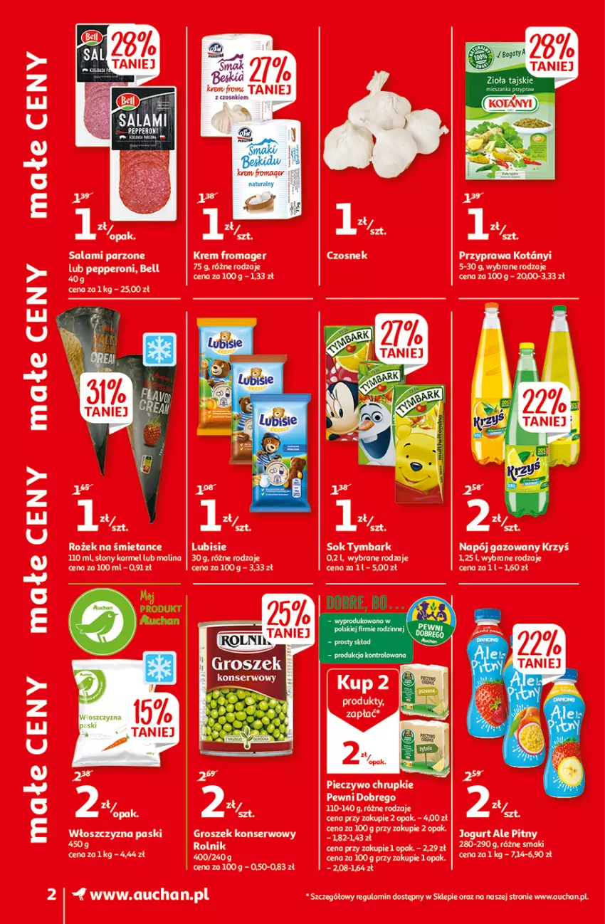 Gazetka promocyjna Auchan - Małe Ceny Supermarkety - ważna 04.01 do 12.01.2022 - strona 2 - produkty: Chrupki, Czosnek, Fa, Groszek, Jogurt, Mola, Napój, Napój gazowany, Piec, Pieczywo, Pieczywo chrupkie, Rolnik, Salami, Ser, Sok, Tymbark