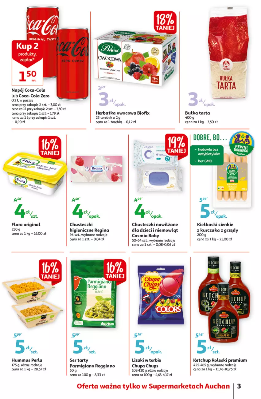 Gazetka promocyjna Auchan - Małe Ceny Supermarkety - ważna 04.01 do 12.01.2022 - strona 3 - produkty: Bułka, Bułka tarta, Chupa Chups, Chusteczki, Coca-Cola, Dzieci, Flora, Gin, Hummus, Ketchup, Kurczak, Lizaki, Mus, Napój, Ser, Tarta