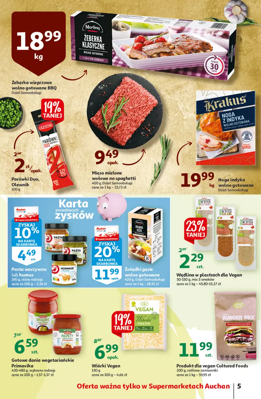 Gazetka promocyjna Auchan - Małe Ceny Supermarkety - ważna 04.01 do 12.01.2022 - strona 5 - produkty: Mięso, Mięso mielone, Mus, Olewnik, Parówki, Plasterki, Prima, Primavika, Salami, Spaghetti, Wędlina