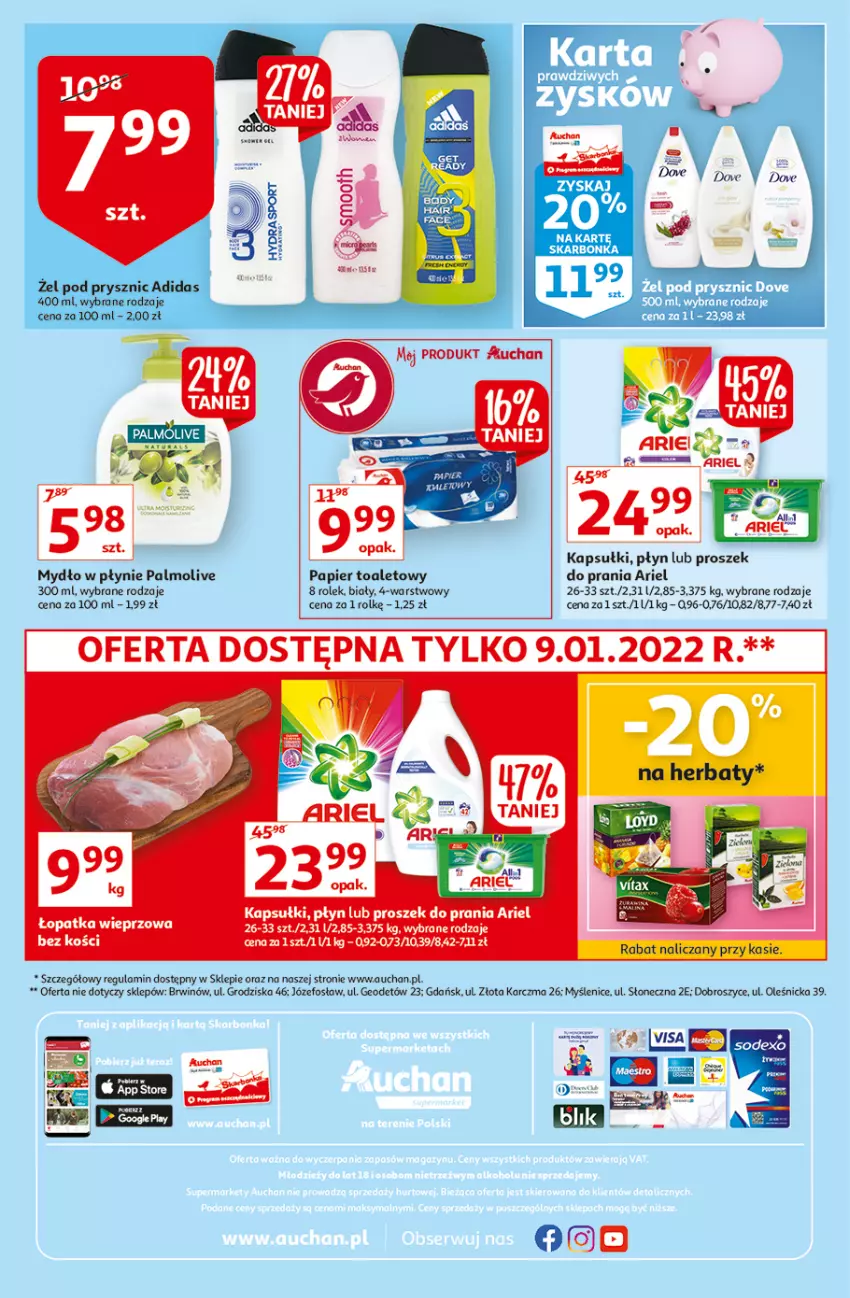 Gazetka promocyjna Auchan - Małe Ceny Supermarkety - ważna 04.01 do 12.01.2022 - strona 8 - produkty: Ariel, Dove, Mydło, Mydło w płynie, Palmolive, Papier, Papier toaletowy, Proszek do prania