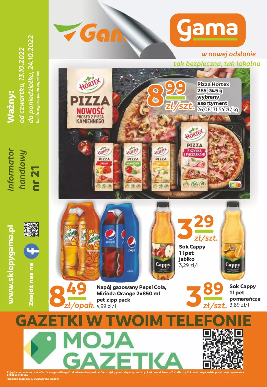 Gazetka promocyjna Gama - Gazetka Gama - ważna 24.10.2022 do 13.10.2023 - strona 12 - produkty: Cappy, Hortex, Mirinda, Napój, Napój gazowany, Pepsi, Piec, Pizza, Ser, Sok, Telefon