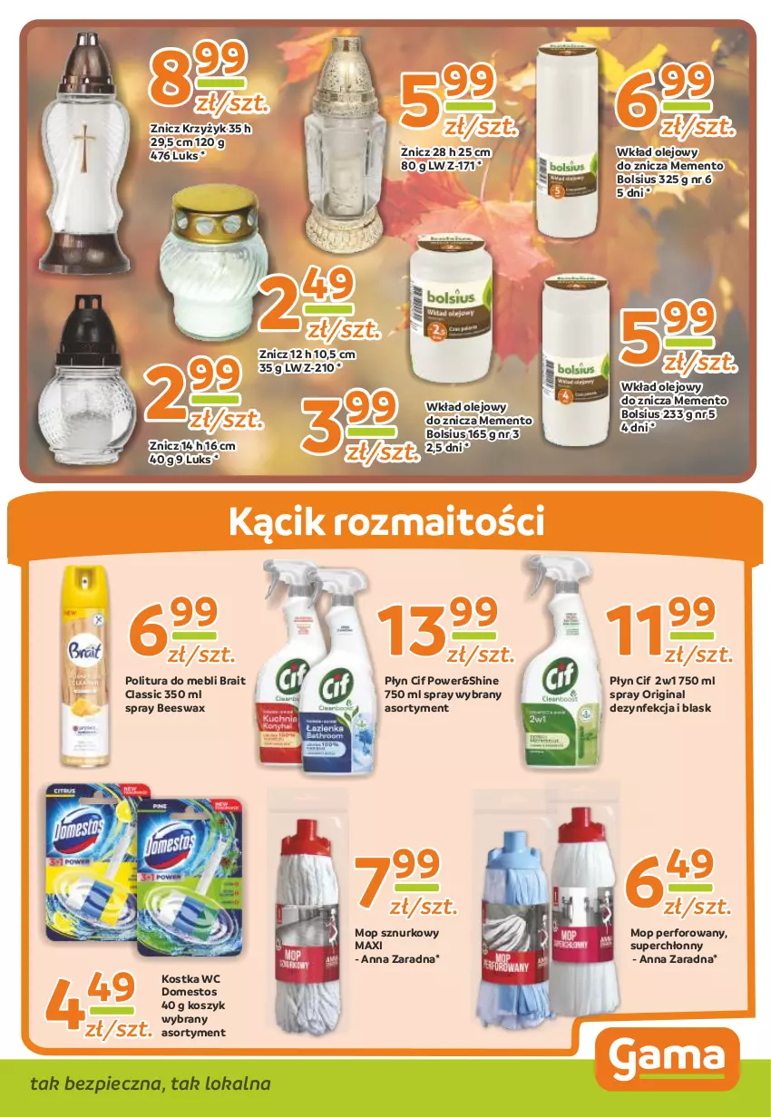 Gazetka promocyjna Gama - Gazetka Gama - ważna 24.10.2022 do 13.10.2023 - strona 9 - produkty: Bols, Bolsius, Cif, Dezynfekcja, Domestos, Gin, Kosz, Mop, Olej, Piec, Wkład olejowy, Znicz