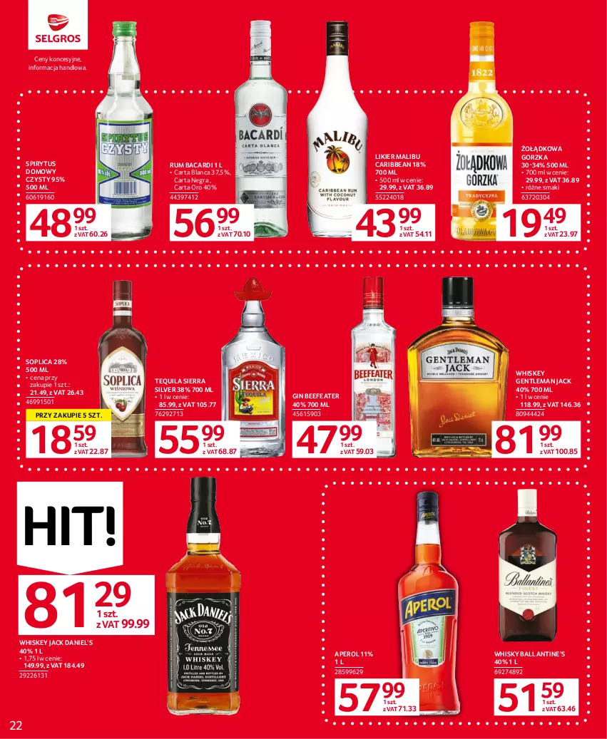 Gazetka promocyjna Selgros - Oferta spożywcza - ważna 27.07 do 09.08.2023 - strona 22 - produkty: Aperol, Bacardi, Gin, Gra, Likier, Malibu, Rum, Soplica, Tequila, Whiskey, Whisky