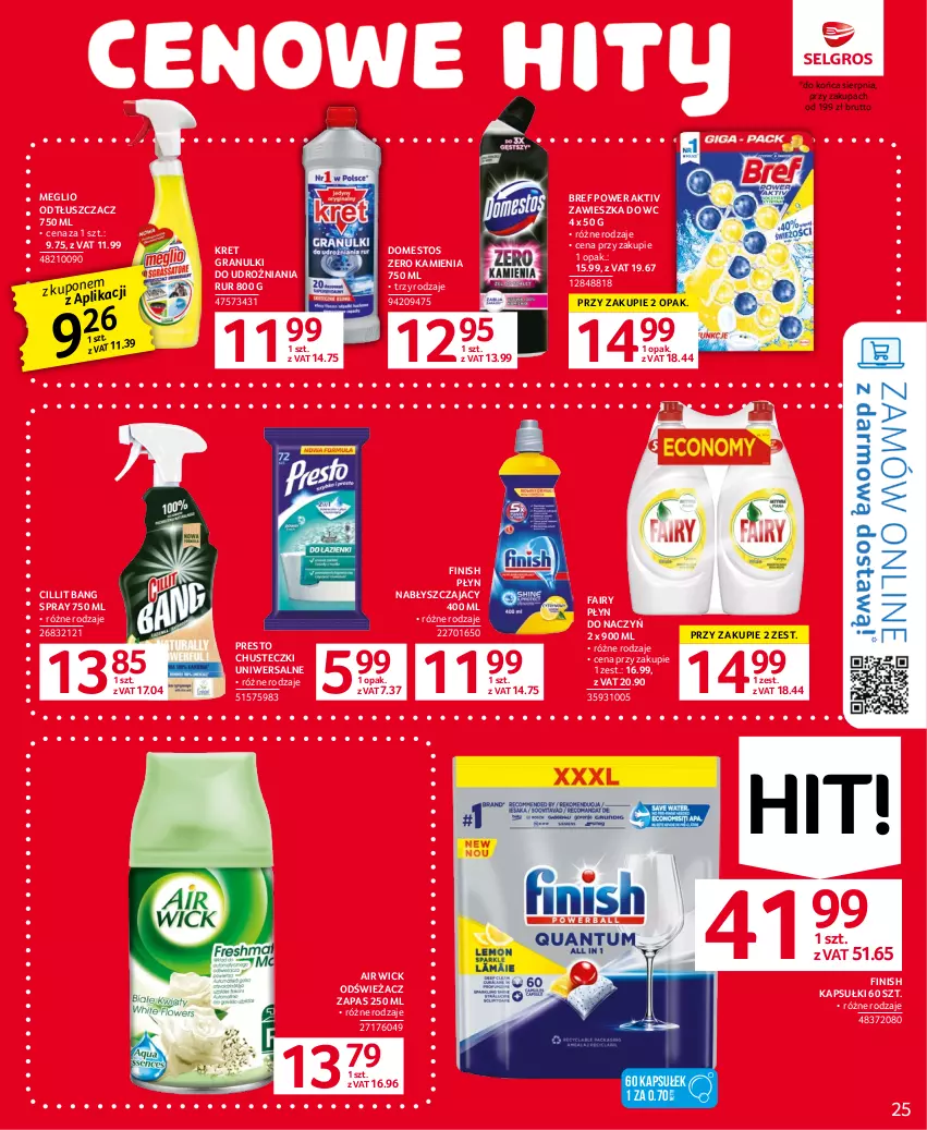 Gazetka promocyjna Selgros - Oferta spożywcza - ważna 27.07 do 09.08.2023 - strona 25 - produkty: Air Wick, Bref, Chusteczki, Cillit Bang, Domestos, Fa, Fairy, Finish, Gra, Kret, Odtłuszczacz, Presto, Zawieszka do wc