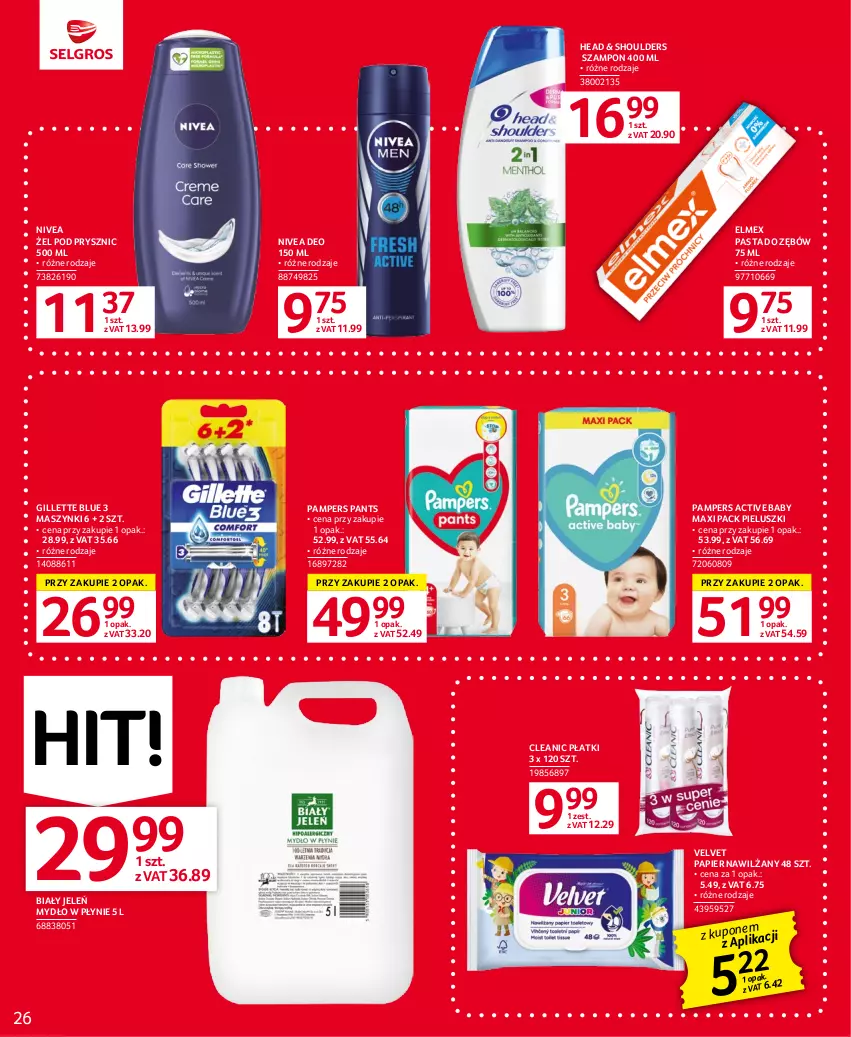 Gazetka promocyjna Selgros - Oferta spożywcza - ważna 27.07 do 09.08.2023 - strona 26 - produkty: Biały Jeleń, Cleanic, Elmex, Gillette, Mydło, Mydło w płynie, Nivea, Pampers, Papier, Pasta do zębów, Szampon, Velvet